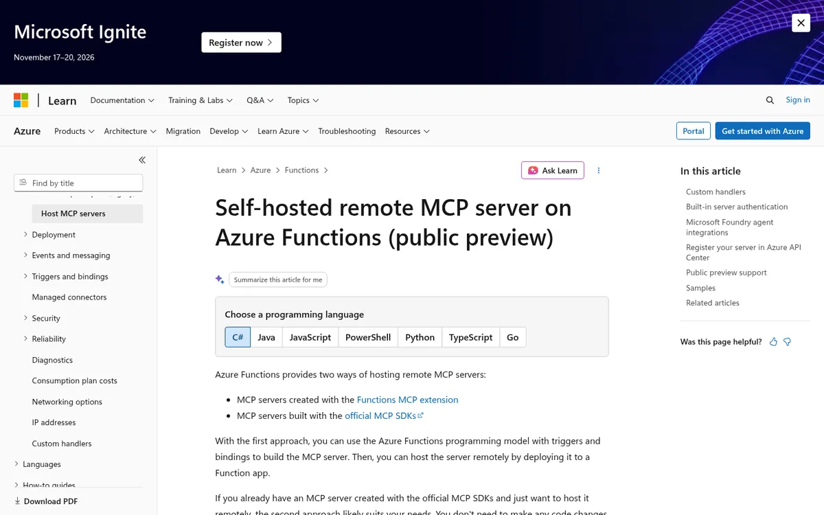 Microsoft Learn page for self-hosted remote MCP servers on Azure Functions in public preview