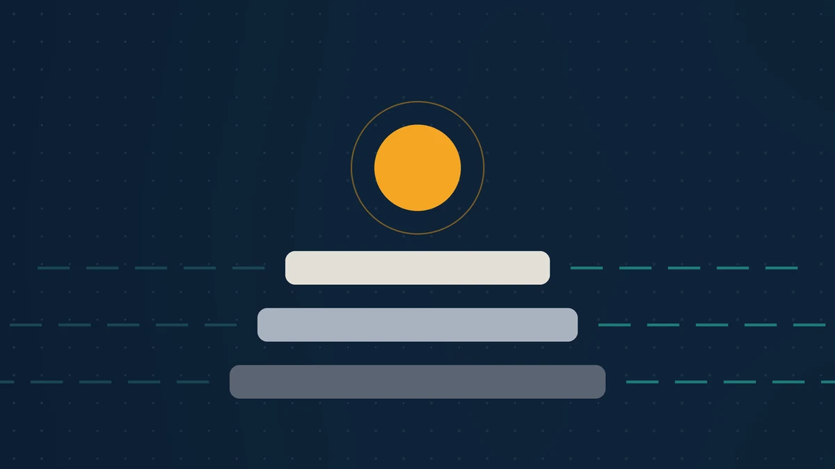 Abstract illustration of an amber signal above three stacked layers, with thin trace lines running out to each side
