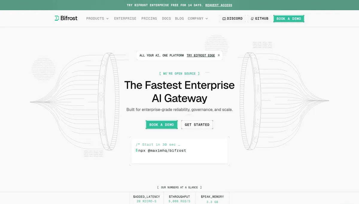 Bifrost AI gateway homepage from Maxim highlighting performance and MCP support