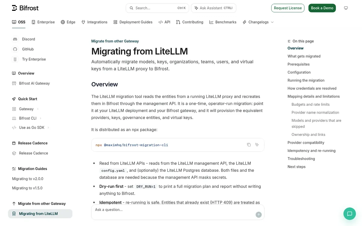Bifrost documentation page for migrating from LiteLLM