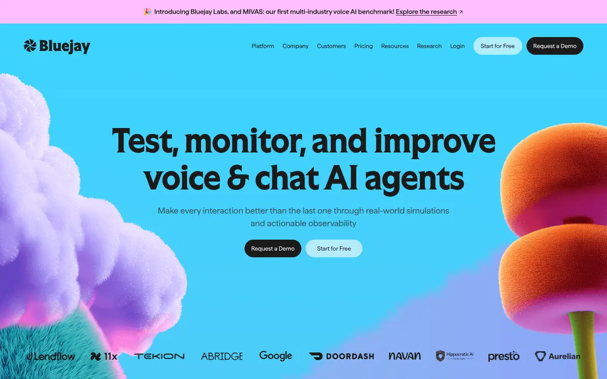 Bluejay homepage for testing voice and chat AI agents