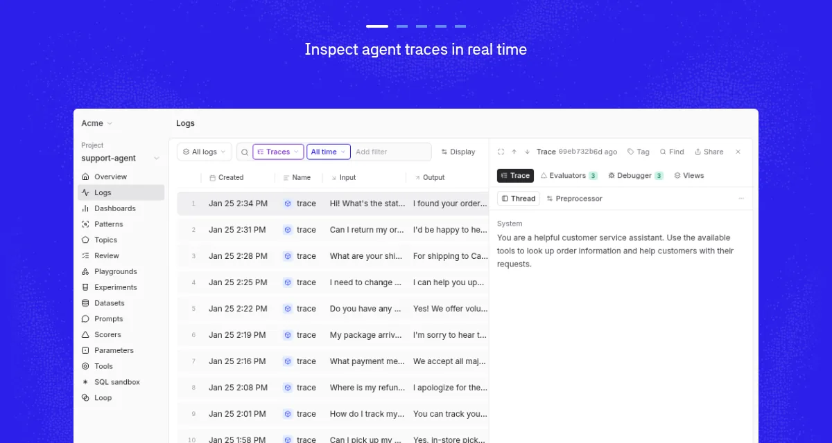 Braintrust logs view listing agent traces with a trace detail panel