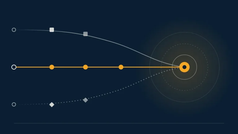 Three paths converging on a single amber ring, representing a choice between three AI eval platforms