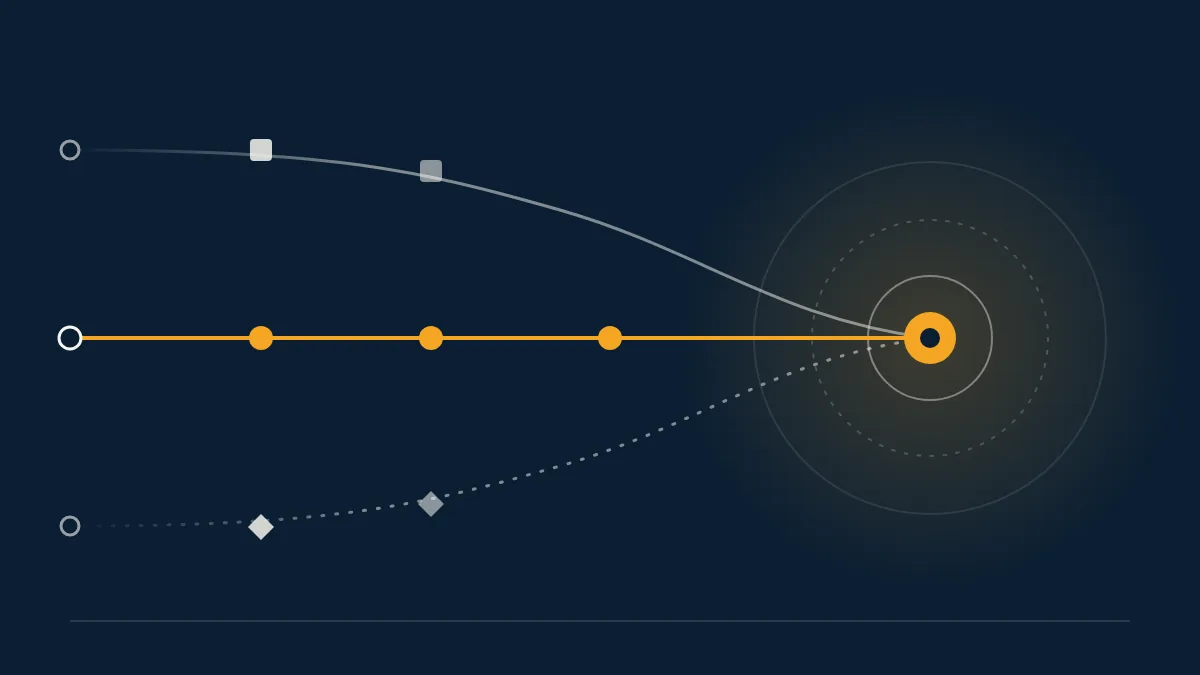 Three paths converging on a single amber ring, representing a choice between three AI eval platforms