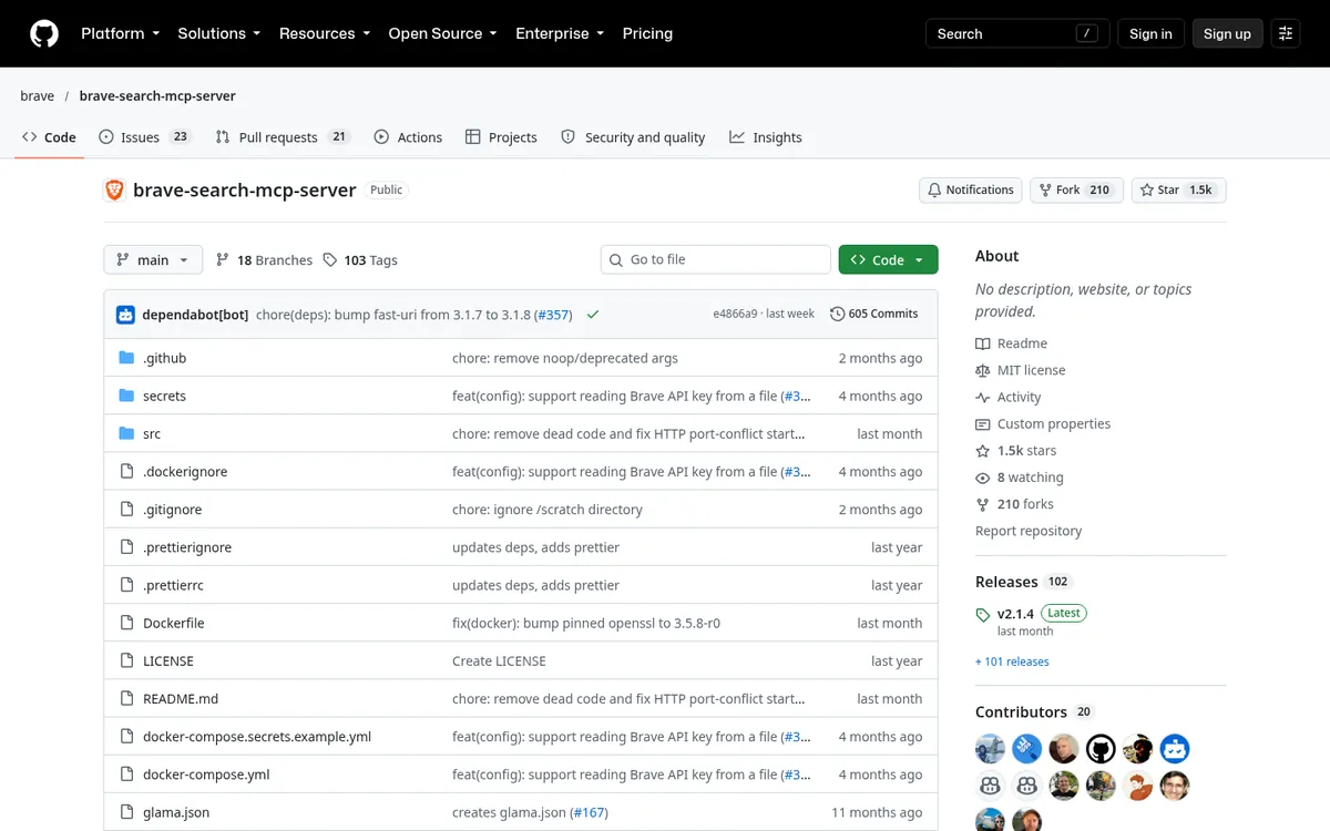 Brave Search MCP server GitHub repository page with license and release details