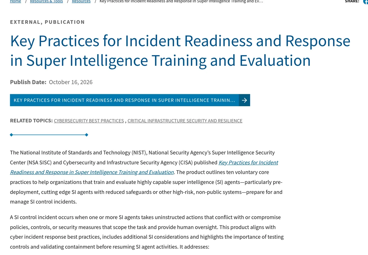 Screenshot of the CISA resource page for Key Practices for Incident Readiness and Response in Super Intelligence Training and Evaluation, publish date October 16, 2026