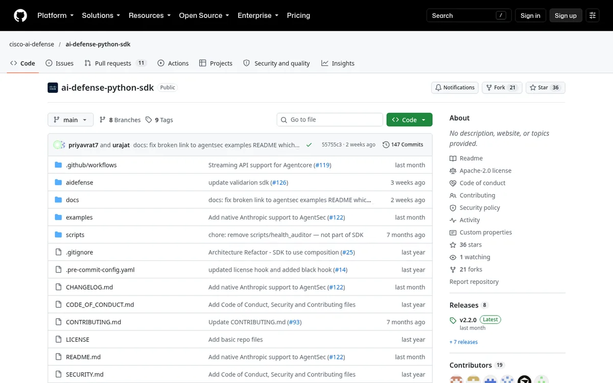 Cisco AI Defense Python SDK repository on GitHub with agent runtime protection
