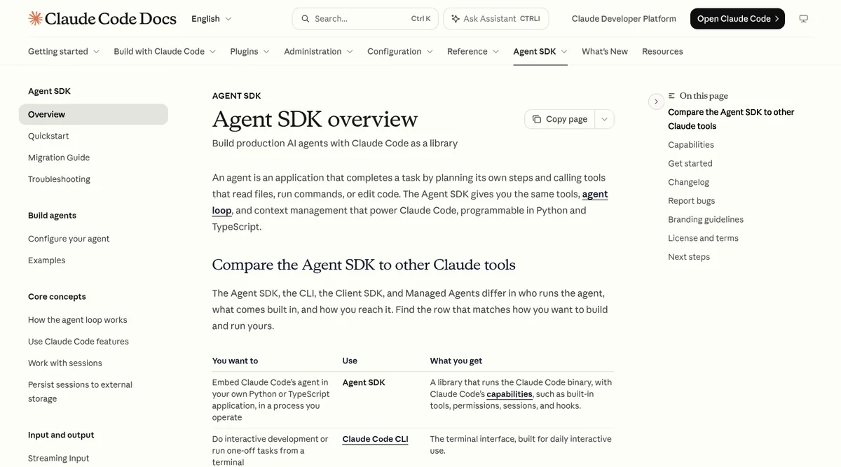 Claude Agent SDK overview page from Anthropic describing production AI agents built with Claude Code as a library