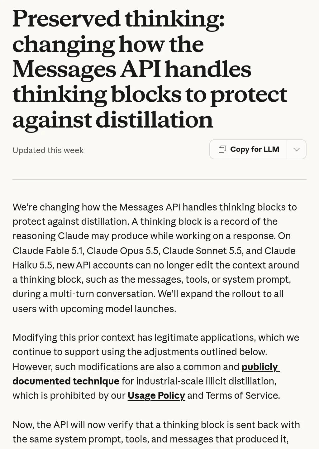 Screenshot of the Claude Help Center article on preserved thinking, explaining that new API accounts cannot edit context around thinking blocks on Fable 5.1, Opus 5.5, Sonnet 5.5, and Haiku 5.5