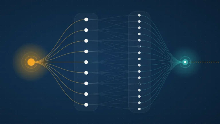 Abstract illustration of one amber lead node fanning out to many agent nodes in two phases that converge on a single teal node