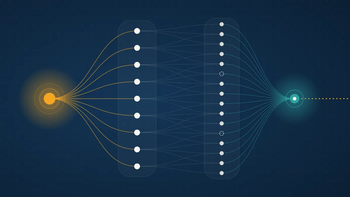 Abstract illustration of one amber lead node fanning out to many agent nodes in two phases that converge on a single teal node