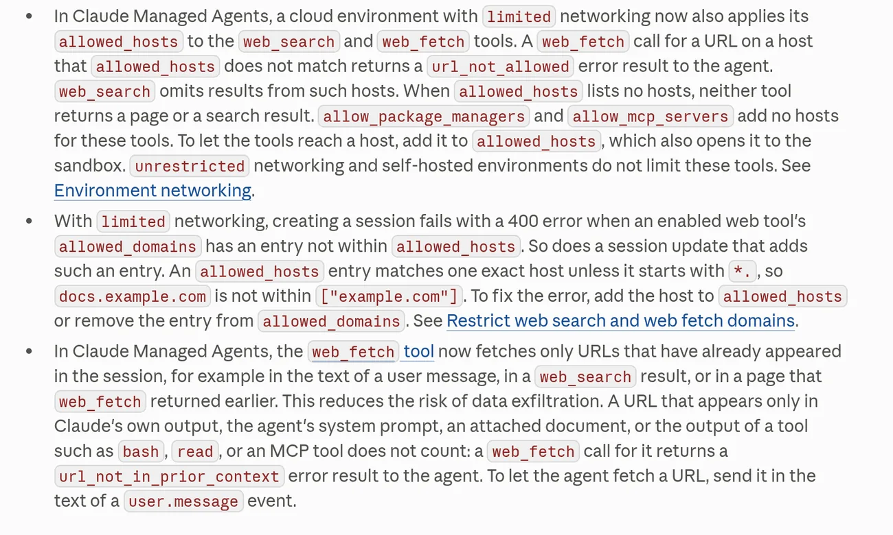 Screenshot of Claude Platform release notes describing allowed_hosts limits on web_search and web_fetch and the url_not_in_prior_context rule in Claude Managed Agents