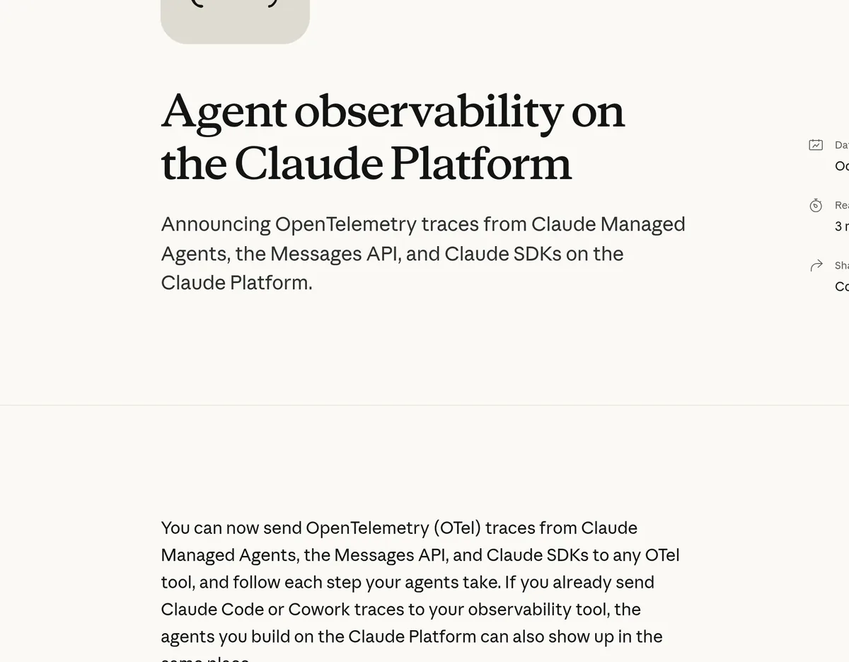Screenshot of the Claude Platform article titled Agent observability on the Claude Platform, dated October 14, 2026, with the subtitle announcing OpenTelemetry traces from Claude Managed Agents, the Messages API, and Claude SDKs
