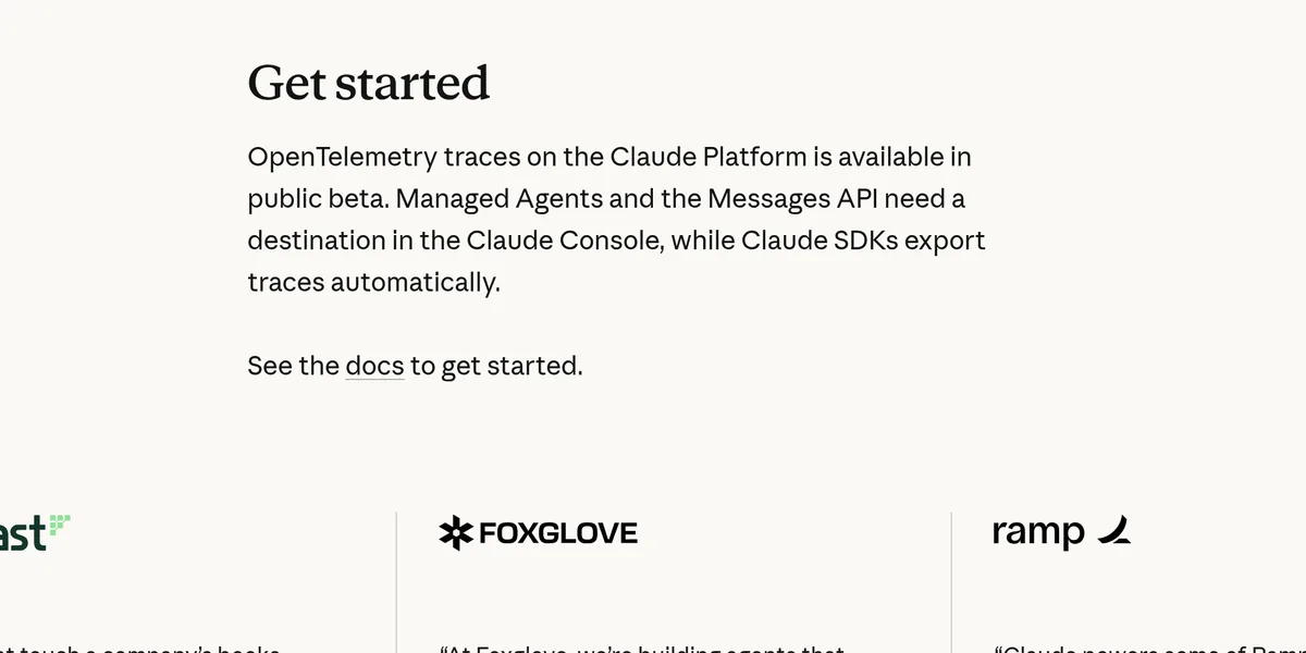 Screenshot of the Get started section stating that OpenTelemetry traces on the Claude Platform are in public beta, that Managed Agents and the Messages API need a Console destination, and that Claude SDKs export traces automatically