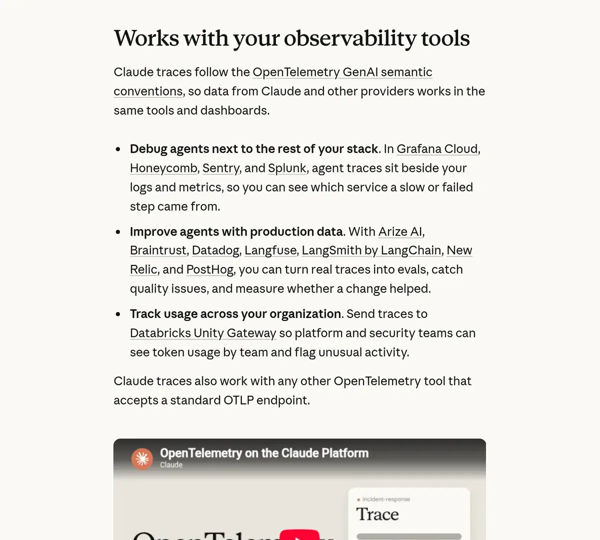 Screenshot of the Works with your observability tools section listing Grafana Cloud, Honeycomb, Sentry, Splunk, Arize AI, Braintrust, Datadog, Langfuse, LangSmith by LangChain, New Relic, PostHog, and Databricks Unity Gateway