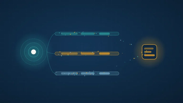 Abstract illustration of a teal agent node sending colored span lanes into an amber OpenTelemetry collector block on a dark navy field