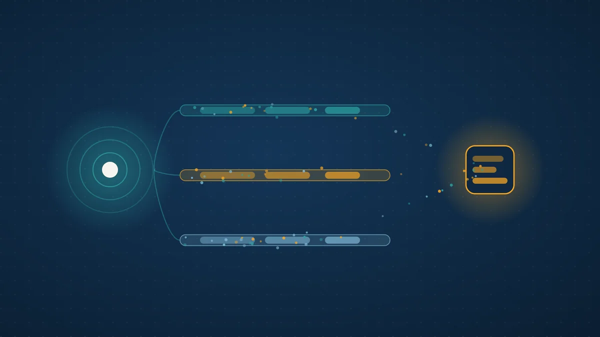 Abstract illustration of a teal agent node sending colored span lanes into an amber OpenTelemetry collector block on a dark navy field