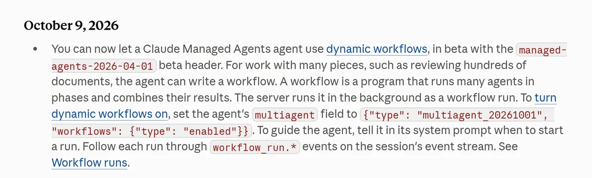 Screenshot of the Claude Platform release notes entry for October 9, 2026, describing dynamic workflows for Claude Managed Agents and the multiagent_20261001 setting