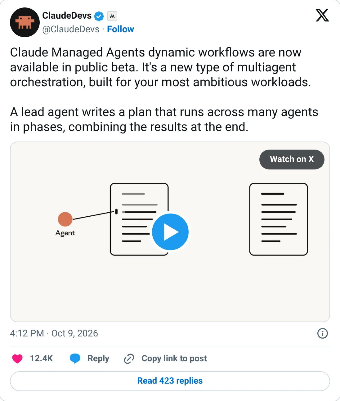 Screenshot of the ClaudeDevs post on X announcing Claude Managed Agents dynamic workflows in public beta, with a lead agent writing a plan that runs across many agents in phases