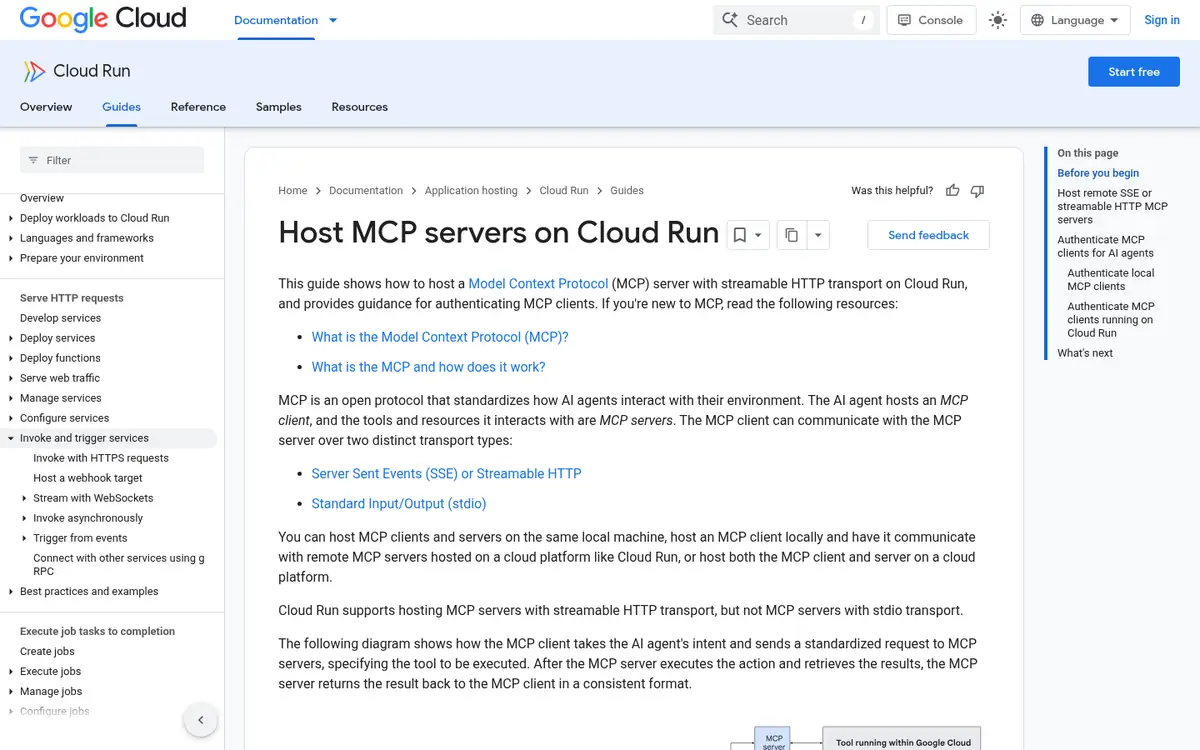 Google Cloud documentation page for hosting MCP servers on Cloud Run with streamable HTTP