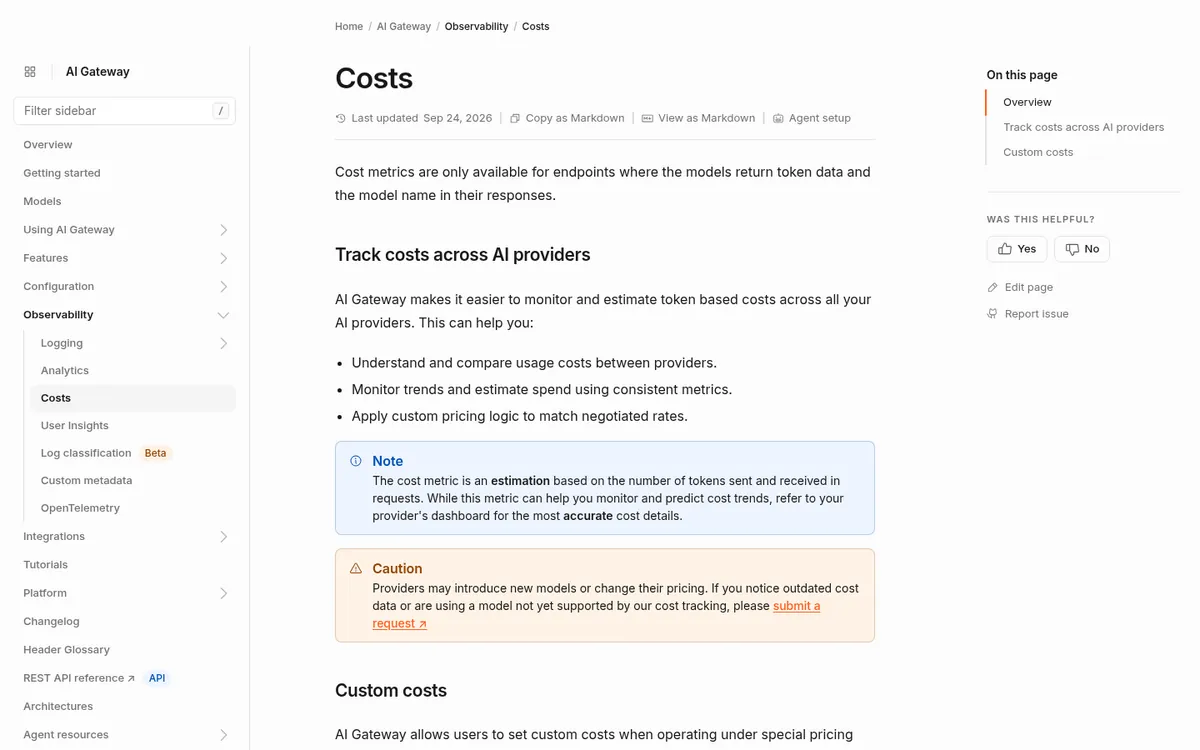 Cloudflare AI Gateway costs documentation for tracking token costs across AI providers