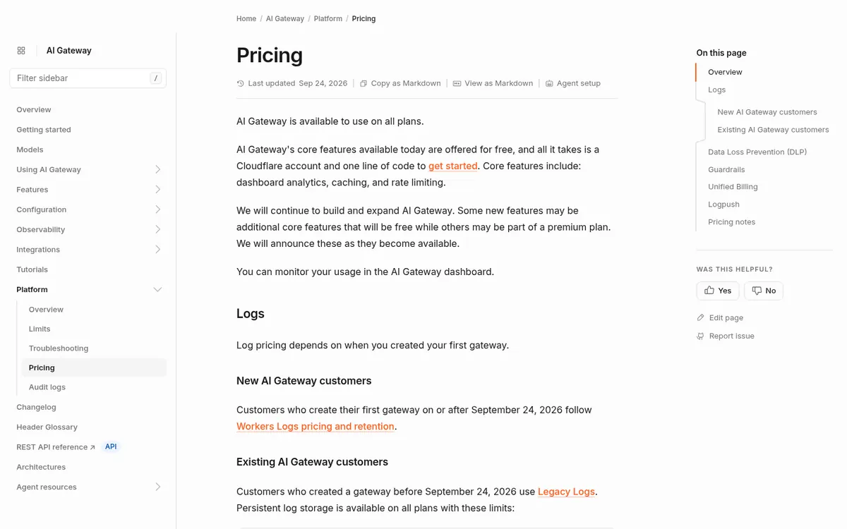 Cloudflare AI Gateway pricing docs listing free core features and log terms