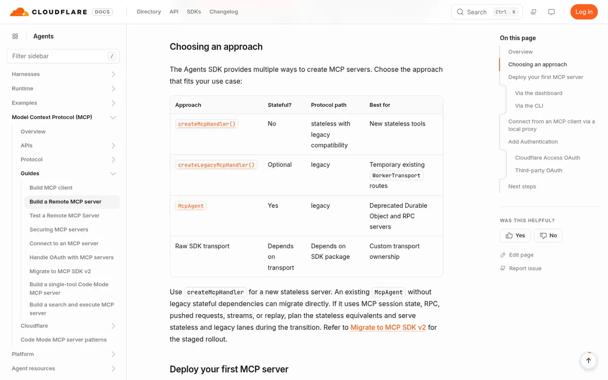 Cloudflare Agents docs table comparing createMcpHandler, createLegacyMcpHandler, McpAgent, and raw SDK transport