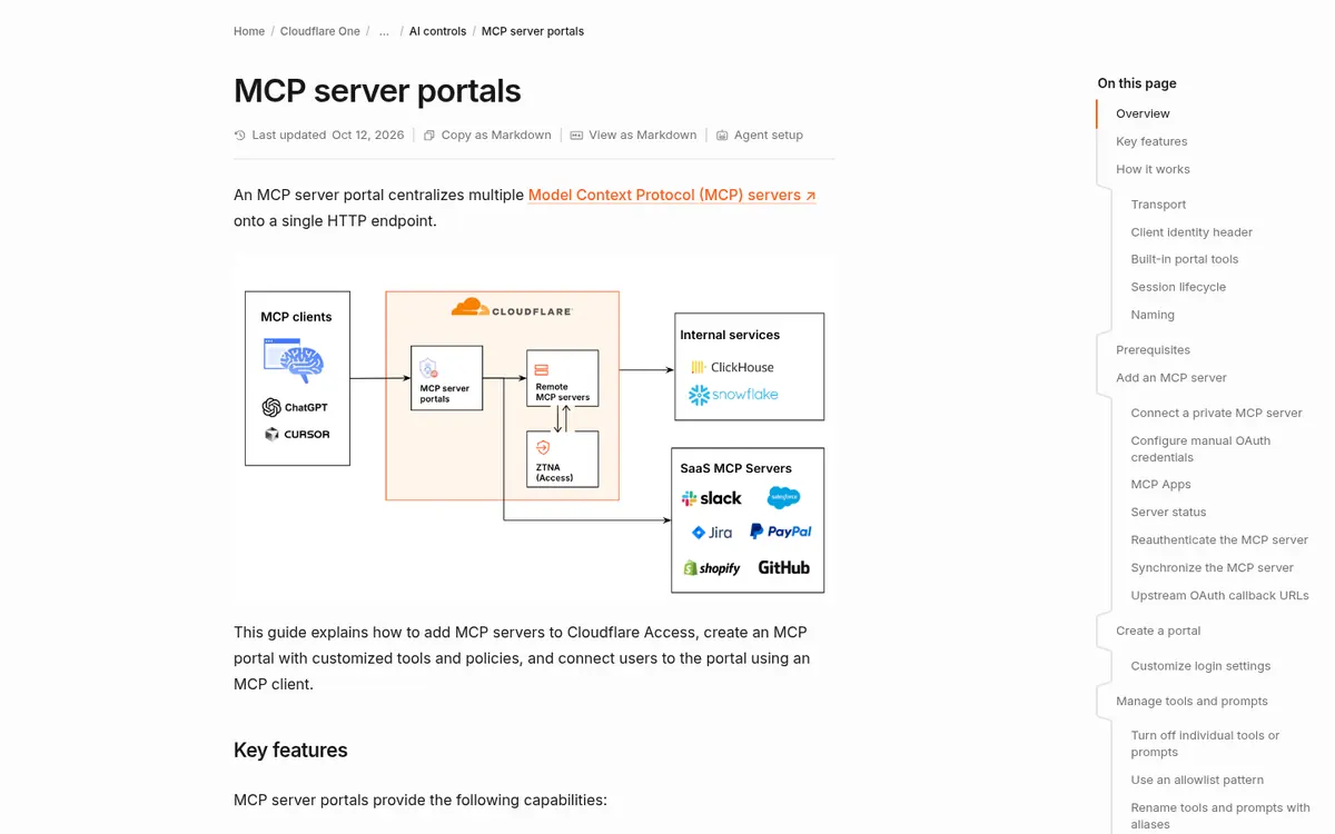 Cloudflare documentation for MCP server portals in Cloudflare One