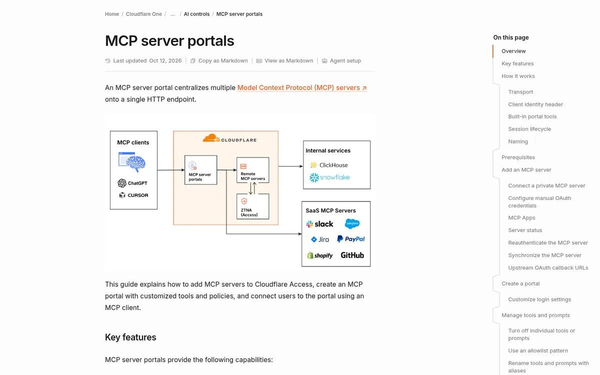Cloudflare docs page for MCP server portals and Gateway routing