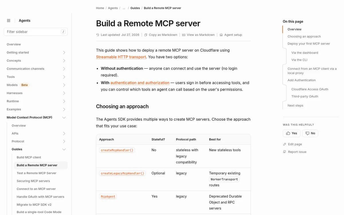 Cloudflare Agents docs page for building a remote MCP server with createMcpHandler and auth options