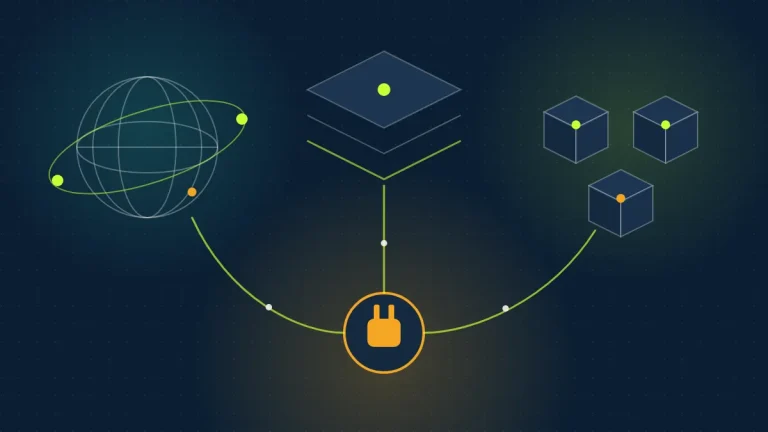 Abstract navy scene with a globe, stacked layers, and three cubes linked to an amber plug hub