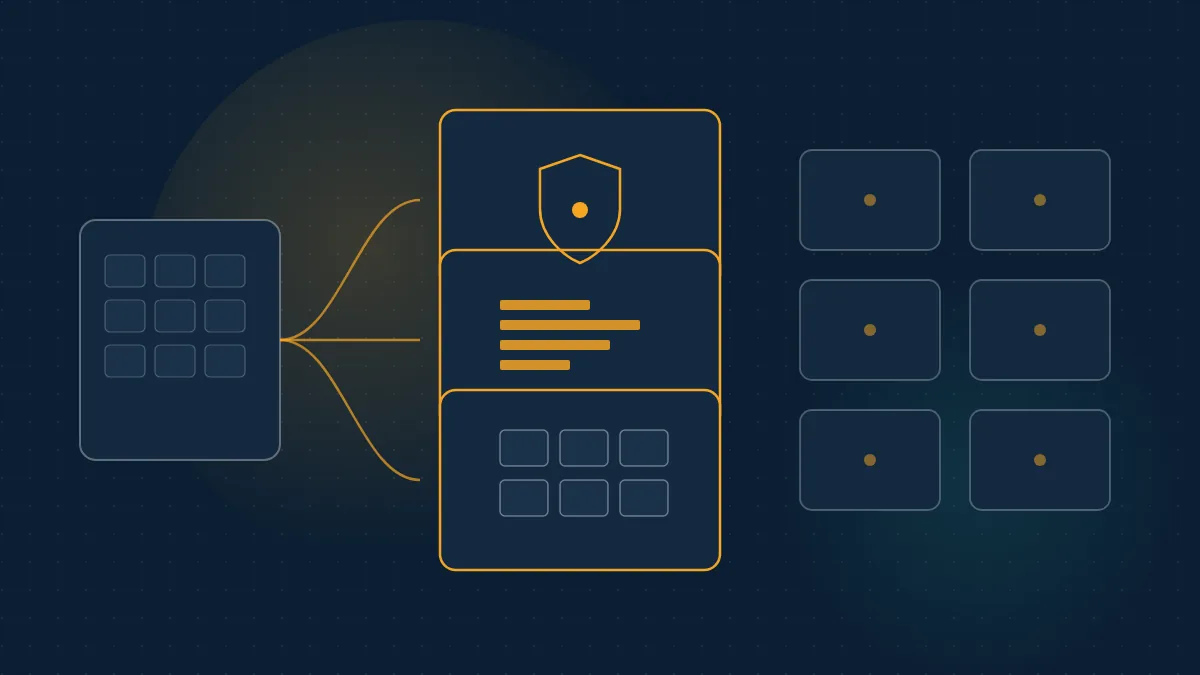 Abstract navy illustration of one source card branching into multiple agent tool integration alternatives