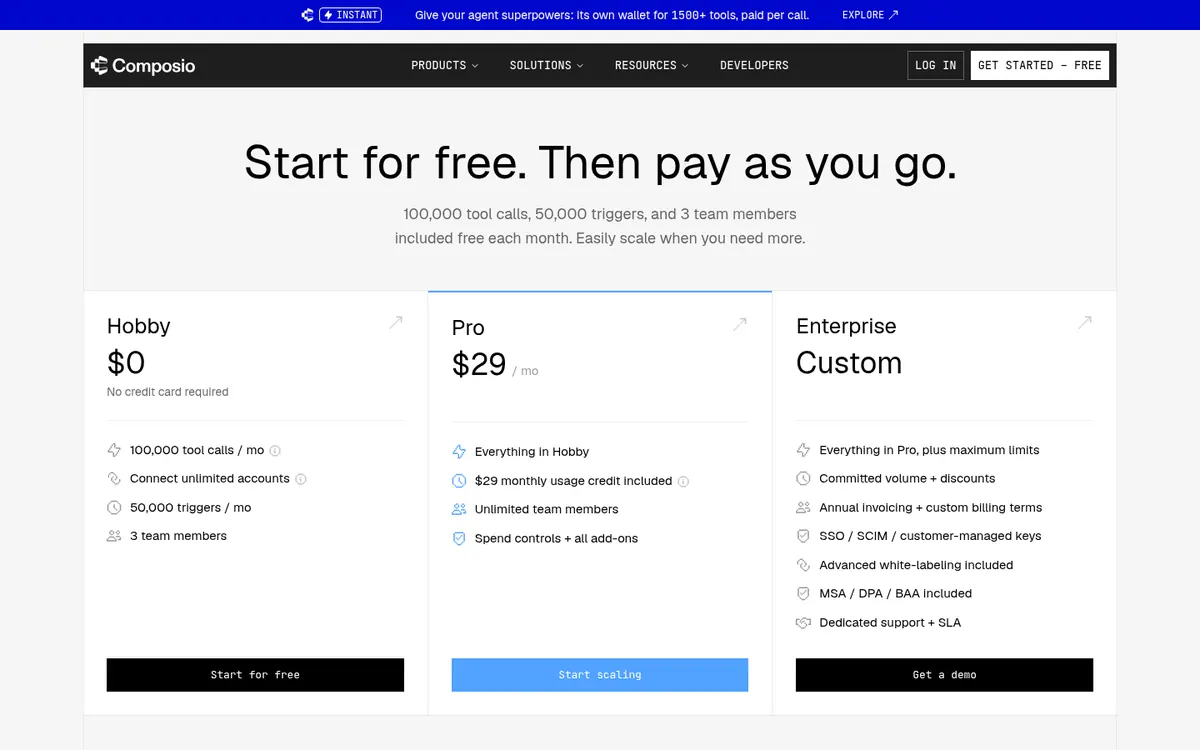 Composio pricing page showing Hobby Pro and Enterprise plans with tool call meters