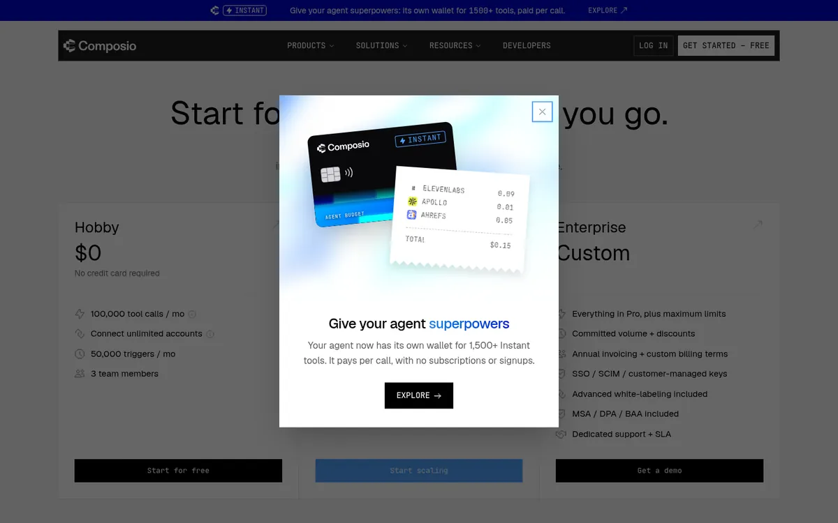 Composio pricing page showing Hobby, Pro, and Enterprise plans