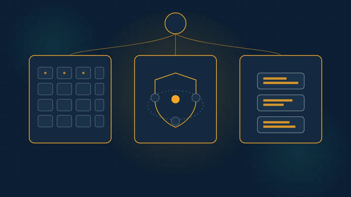Abstract navy illustration of three agent integration paths: catalog grid, auth shield, and code blocks
