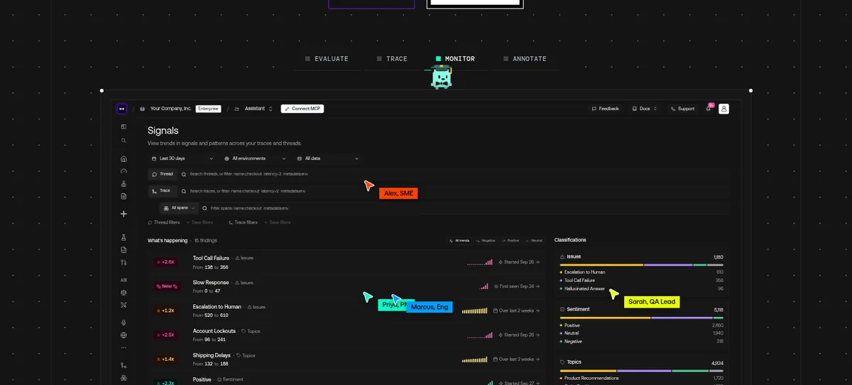Confident AI dashboard showing signals and production issue classifications for an AI app
