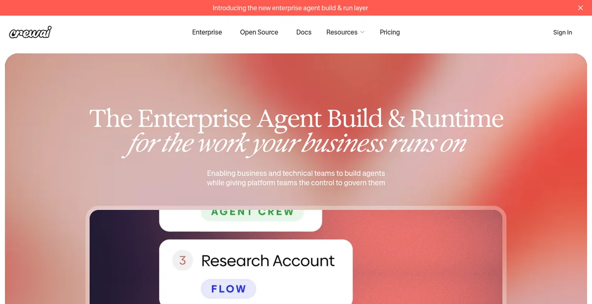 CrewAI homepage reading The Enterprise Agent Build and Runtime, above a demo of crew and flow steps