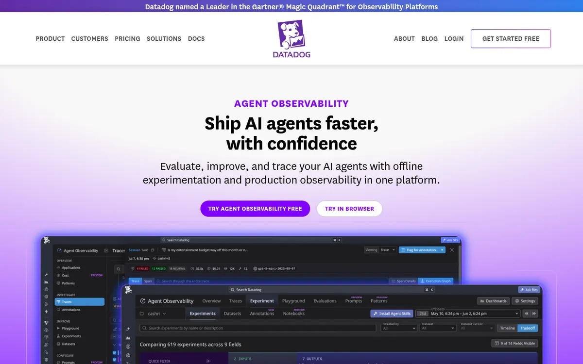 Datadog Agent Observability product page showing agent tracing and evaluation features