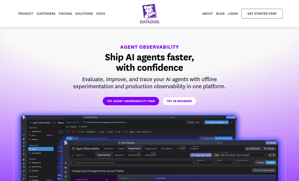 Datadog Agent Observability product page showing traces and experiments views