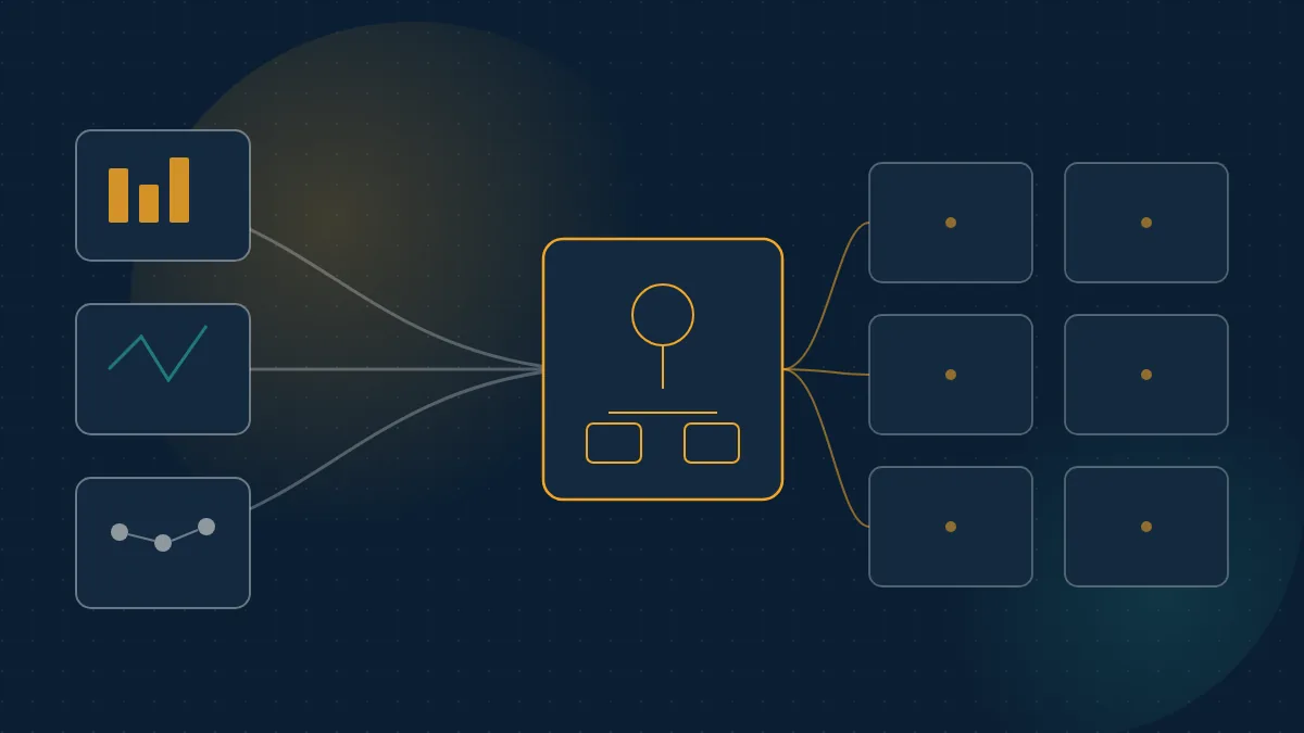 Abstract navy illustration of three APM rails merging into a central agent observability graph
