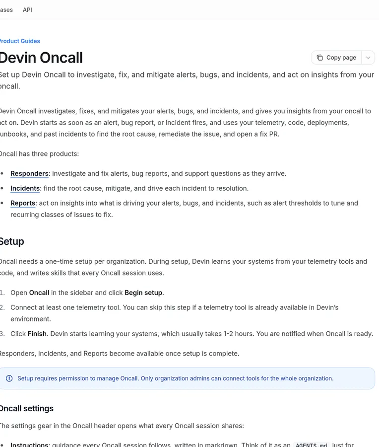 Screenshot of the Devin Oncall documentation page describing investigation of alerts, bugs, and incidents with Responders, Incidents, and Reports