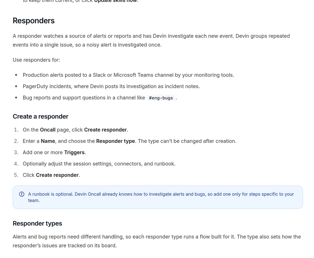 Screenshot of the Responders section listing Slack, Microsoft Teams, and PagerDuty triggers for Devin Oncall