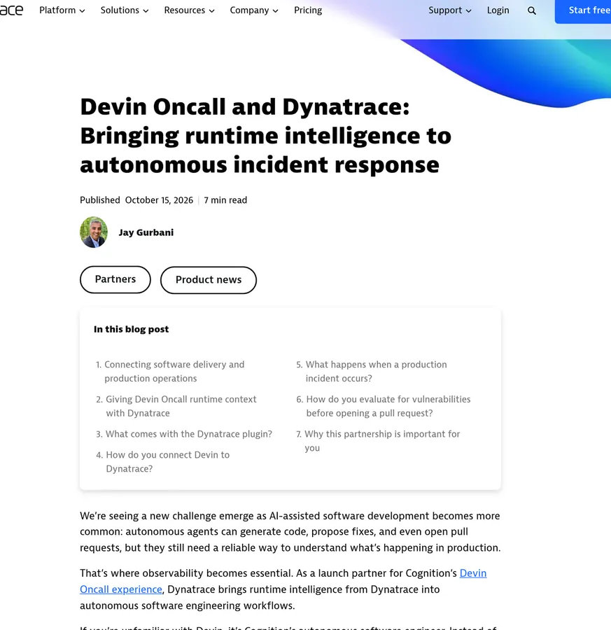 Screenshot of the Dynatrace blog post titled Devin Oncall and Dynatrace: Bringing runtime intelligence to autonomous incident response, dated October 15, 2026