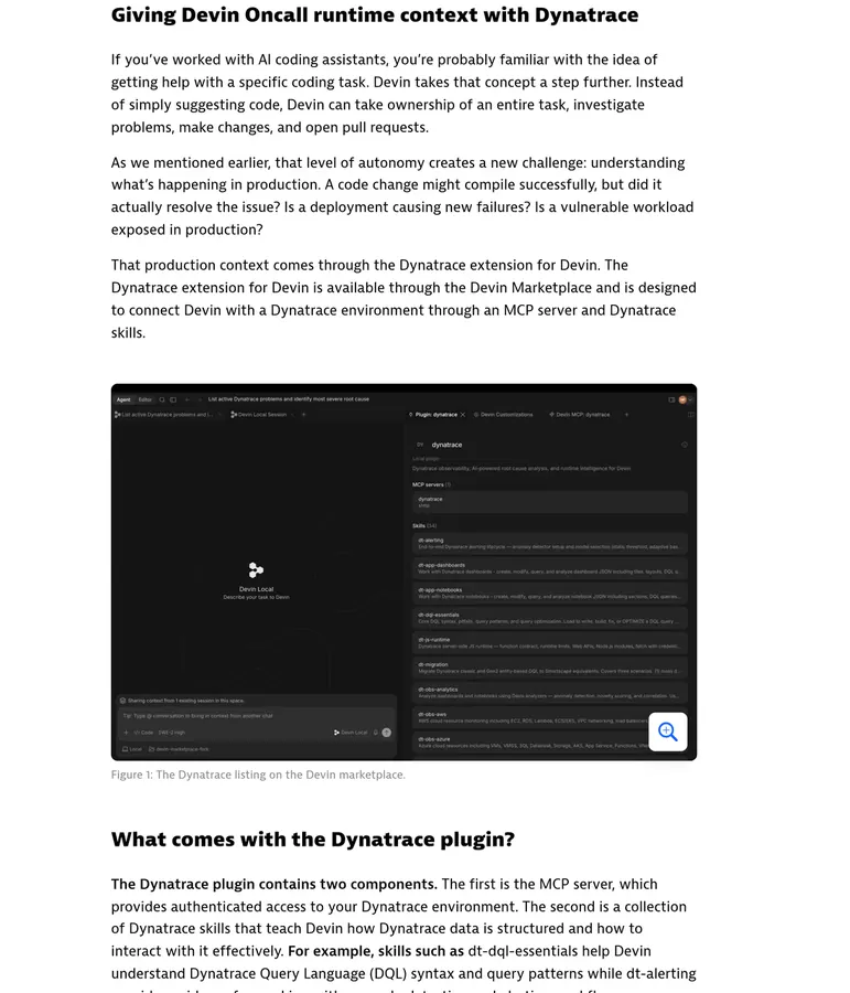 Screenshot of Dynatrace documentation describing the Devin Marketplace listing and MCP server connection with a platform token