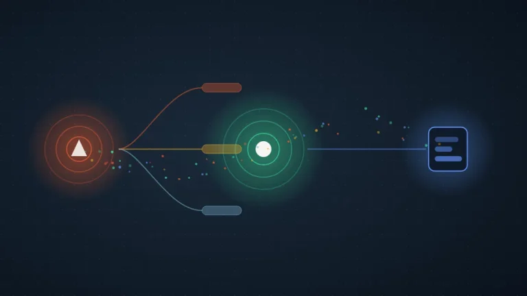 Abstract illustration of an alert node flowing into a green agent node then a blue fix-document block on a dark field
