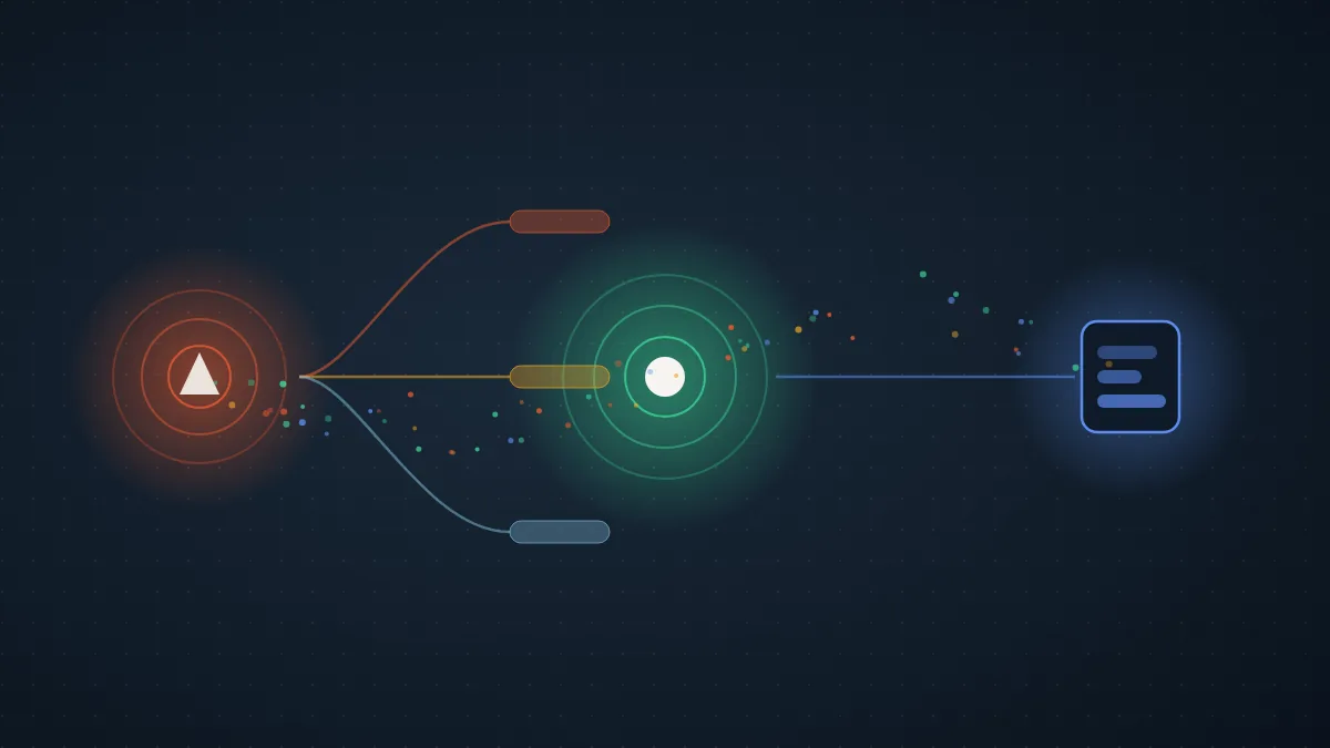 Abstract illustration of an alert node flowing into a green agent node then a blue fix-document block on a dark field