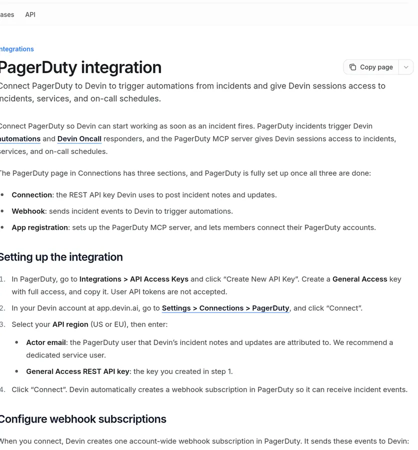 Screenshot of the Devin PagerDuty integration docs covering automations, Oncall responders, and the PagerDuty MCP server