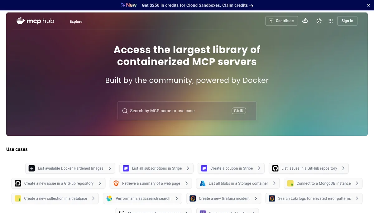 Docker MCP Catalog homepage hero promoting the largest library of containerized MCP servers