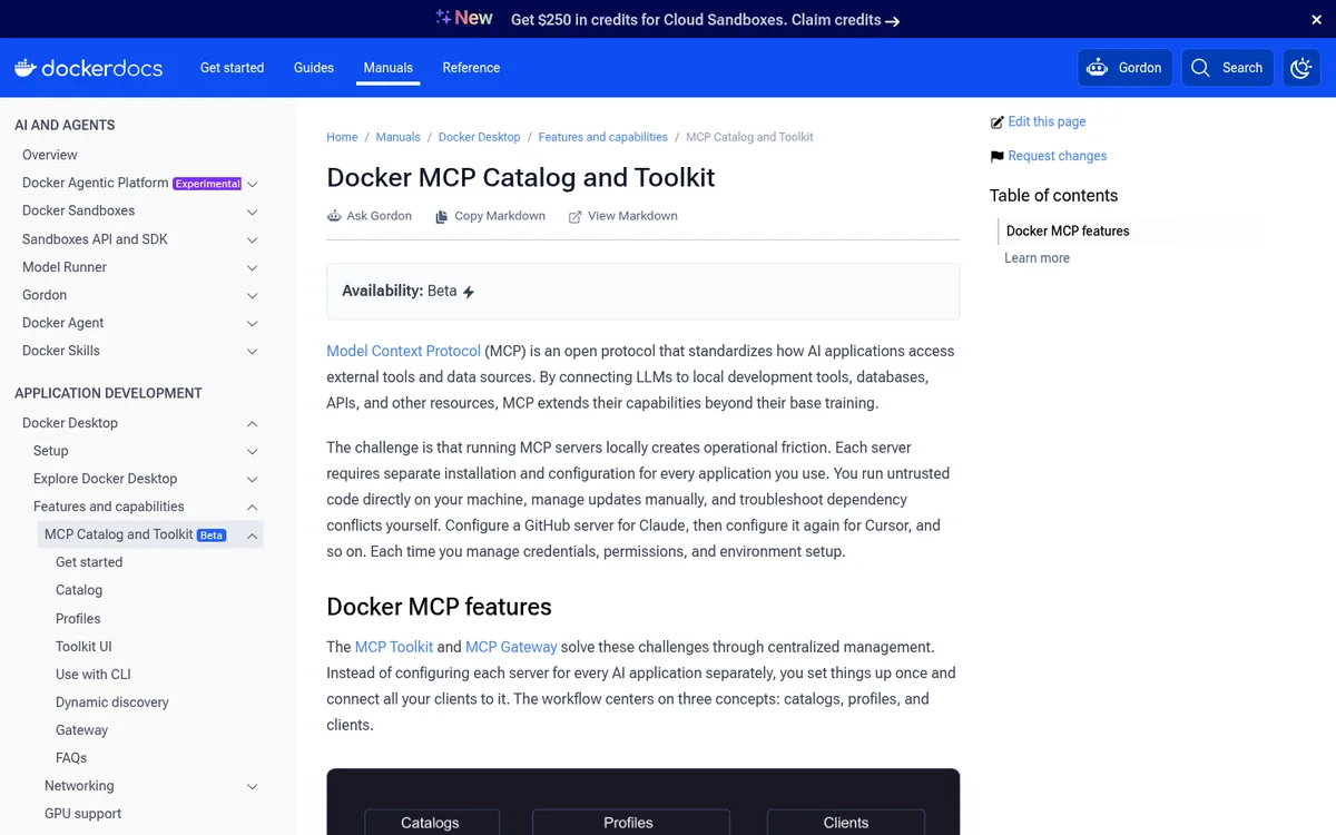 Docker documentation page for the MCP Catalog and Toolkit