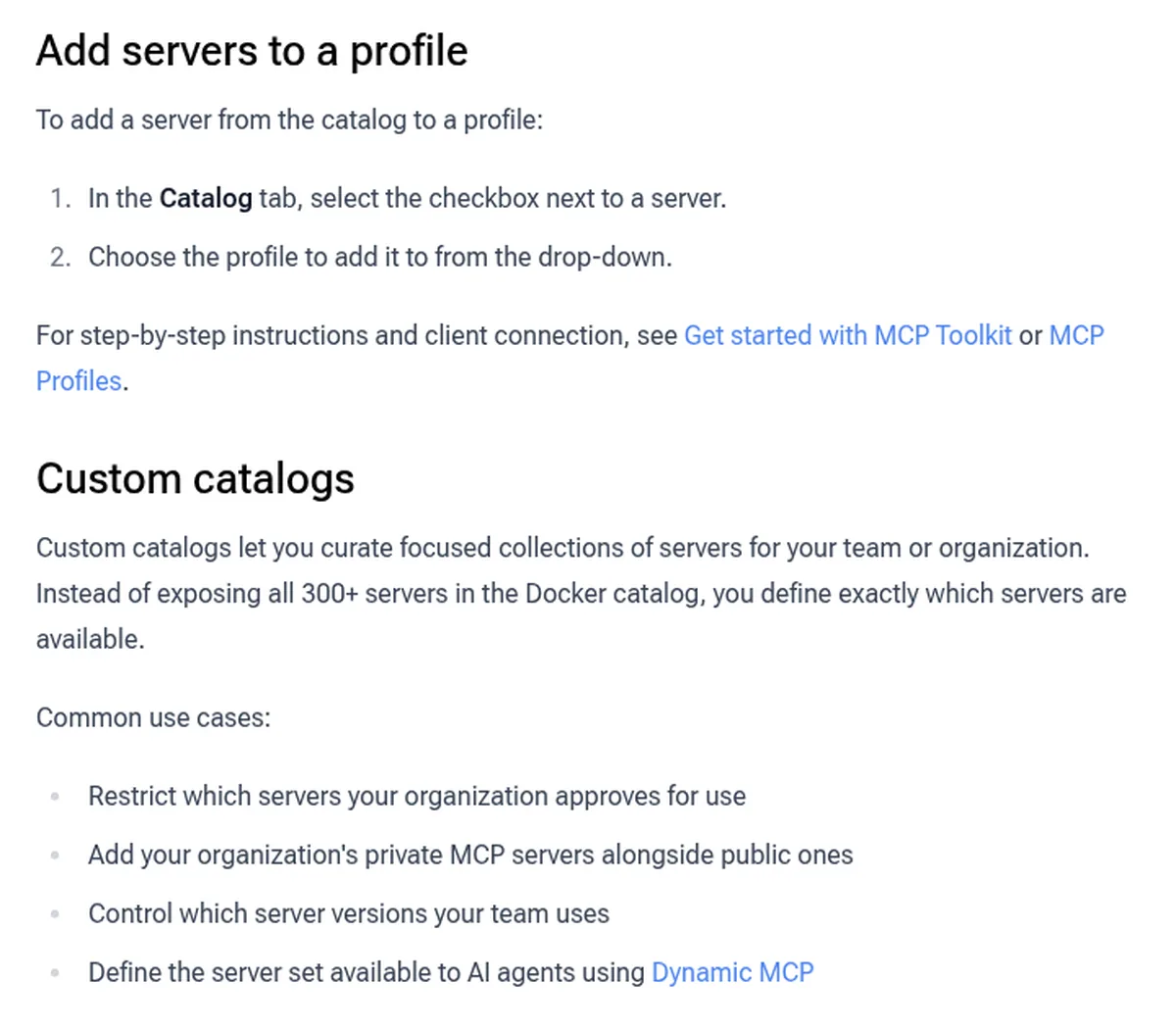 Docker documentation section on custom MCP catalogs and their common enterprise use cases